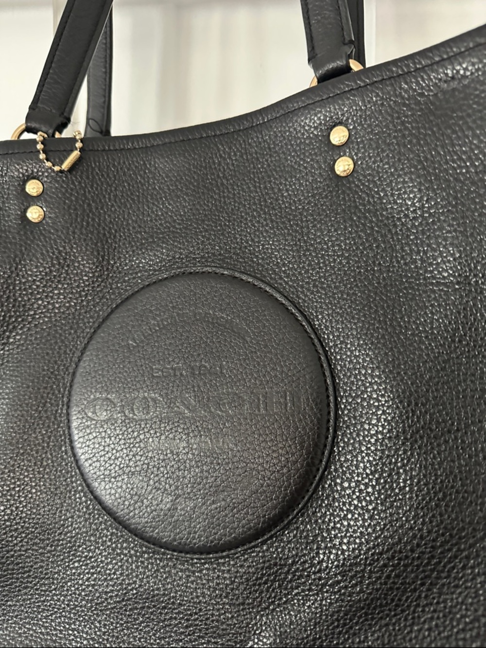 Coach Black Pebbled Leather Tote with Circular Logo Medallion - Picture 2 of 8